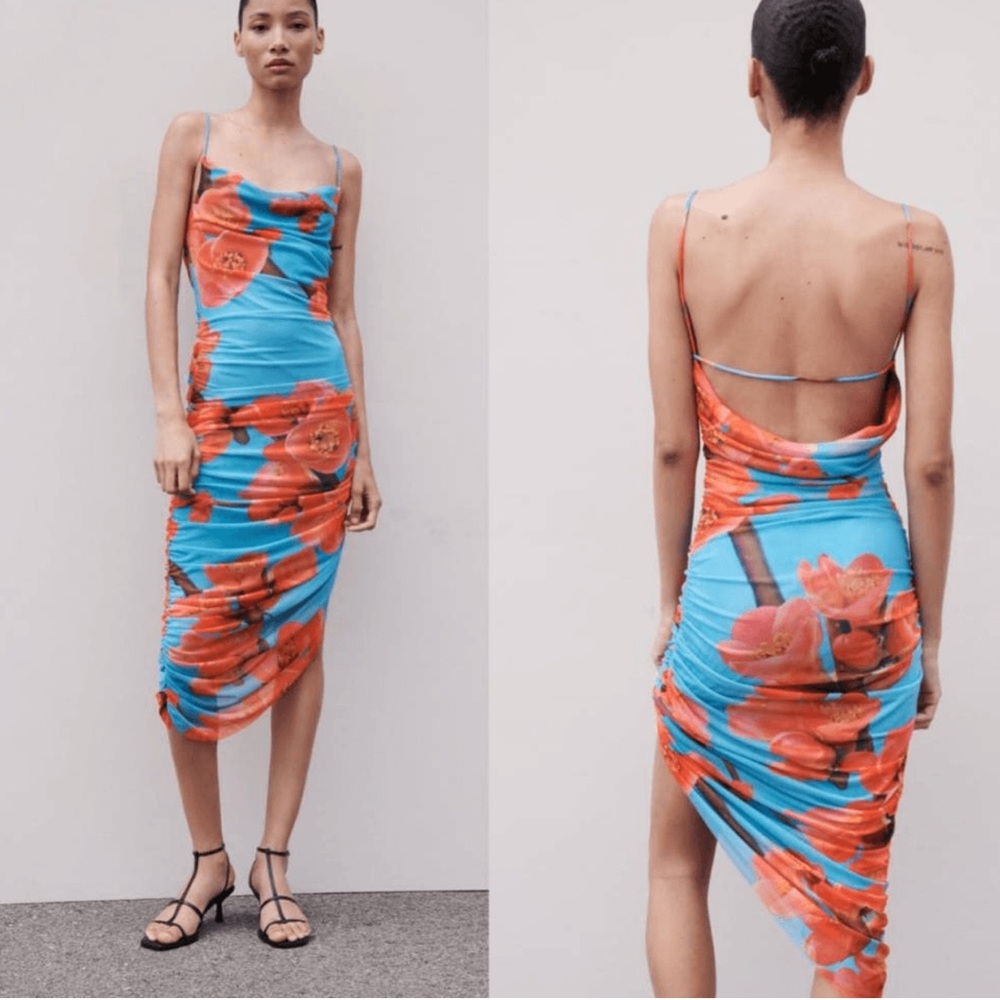 Zara Blue Dress with Red Floral Design